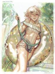 1boy corrin_(fire_emblem) corrin_(fire_emblem)_(male) cute_male femboy fire_emblem fire_emblem_fates girly hose inner_tube innertube male male_only one_eye_closed samsara samsara_(shuukeura) solo swimsuit trap water white_hair wink