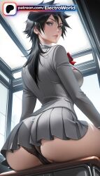1girls 2026 ai_generated arisawa_tatsuki artist_name ass black_hair bleach bow classroom desk electroworld female from_behind hi_res high_quality high_resolution highres indoors jacket looking_at_viewer looking_back panties patreon patreon_username pleated_skirt red_bow school_uniform sitting skirt solo stable_diffusion tatsuki_arisawa underwear watermark window