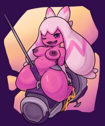 absurd_res areola blush blush_lines bottom_heavy breasts eyelashes female front_view generation_9_pokemon genitals grinding hammer hi_res humanoid looking_at_viewer navel nintendo nipples nude one_eye_closed open_mouth open_smile pink_body pokemon pokemon_(species) purple_areola purple_background purple_eyes purple_nipples shortstack simple_background smile solo thick_thighs tinkaton tools vulva wide_hips wink winking_at_viewer yawlyawl090 yellow_background