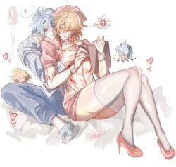 2boys blowjob gay grabbing grabbing_from_behind honkai:_star_rail infirmary male male/male male_only mydei_(honkai:_star_rail) nurse nurse_clothing nurse_uniform phaidei_(honkai:_star_rail) phainon_(honkai:_star_rail) yaoi