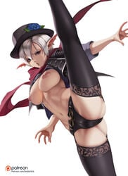 1girls ass black_hat black_headwear black_jacket black_shorts blue_eyes breasts breasts_out_of_clothes cameltoe dungeon_and_fighter dungeon_fighter_online ear_piercing female female_only female_solo flower hair_between_eyes hat hat_flower jacket leg_up letdie1414 looking_at_viewer medium_breasts navel nipples no_bra open_clothes open_jacket outstretched_arm parted_lips patreon patreon_username piercing pointy_ears red_neckwear red_scarf scarf short_hair short_shorts shorts silver_hair solo splits spread_legs standing standing_on_one_leg thief_(dungeon_and_fighter) thighhighs url vertical_splits