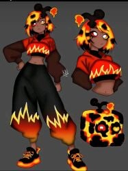 black_body blox_fruits crop_top cropped_jacket dark_skin heterochromia hot_girl magma magma_(minstlu) minstlu_oc mommy multicolored_hair navel oc original_character puffy_pants red_eyes roblox roblox_game roblox_milf robloxian sneakers yellow_eyes