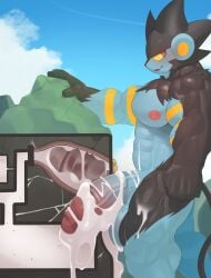 absurd_res after_sex anthro balls big_penis black_body black_fur blue_body blue_eyes blush bodily_fluids body_worship cum cum_inside destruction excessive_cum excessive_genital_fluids facility felid flooding fur generation_4_pokemon genital_fluids genitals glans grin half-erect hi_res huge_cock humanoid_genitalia humanoid_penis hyper hyper_genitalia hyper_penis internal luxray machine macro male mammal milking_machine muscular muscular_anthro muscular_male namutree nintendo nipples pecs penetrable_sex_toy penile penis penis_milking pokemon pokemon_(species) sex_toy smile solo thick_penis yellow_eyes