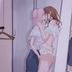 2girls absurdres bang_dream! bang_dream!_it's_mygo!!!!! braid brown_hair chihaya_anon chinese_commentary closed_eyes clothes_lift commentary_request fingering funame111 half_up_braid highres kissing long_hair multiple_girls nagasaki_soyo pink_hair shirt shirt_lift short_sleeves white_shirt yuri
