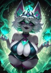 1girls ai_generated big_breasts boob_window breasts chubby dreamheat dress female furry_ears glowing_eyes huge_breasts league_of_legends open_mouth purple_eyes riot_games ruined_makeup short_hair shortstack sideboob solo the_ruined_king_saga thick_thighs vex_(league_of_legends) white_hair yordle