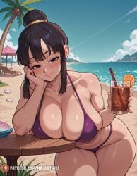 ai_generated alternate_breast_size beach bikini black_eyes black_hair blue_sky blush breast_rest breasts chichi cleavage closed_mouth cloud collarbone cup day dragon_ball dragon_ball_super dragon_ball_z drink drinking_glass drinking_straw elbow_rest female female_only food fruit hair_bun head_rest holding holding_cup ice ice_cube large_breasts leaning_forward looking_at_viewer majorthicc ocean orange_slice outdoors palm_tree patreon_logo patreon_username purple_bikini sidelocks single_hair_bun sky smile solo swimsuit table thick_thighs thighs tree umbrella web_address