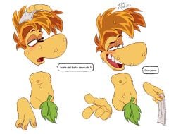 anthro blush cocky_smile covered_groin drying_hair eyebags flirty leaf_clothing naked naked_male open_smile rayman rayman_(series) rayman_legends rayman_origins shower showing_teeth teeth text_bubble towel water_droplets wet