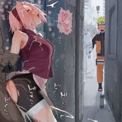 ai_generated alleyway being_watched caught caught_in_the_act dark-skinned_male female interracial light-skinned_female light-skinned_male male male/female muscular_male naruto naruto_(series) naruto_shippuden pink_hair raikage sakura_haruno sex standing_sex straight taken_from_behind thxxx59 uzumaki_naruto watching