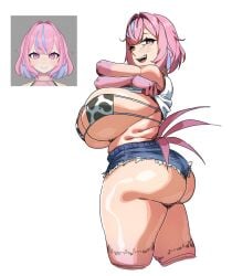 1girls ass big_ass big_breasts bra breasts bubble_butt busty cow_print cow_print_bra daisy_dukes fat_ass female female_only gluteal_fold huge_ass huge_breasts large_ass large_breasts looking_at_viewer looking_back makinakid massive_breasts pink_hair reference_image shirt shirt_lift shorts solo sweetwings tail_feathers thick_ass thick_thighs undressing virtual_youtuber vrchat wide_hips