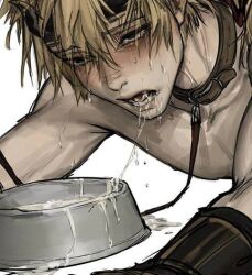 1boy bent_over blonde_hair blush bowl collar cum cum_in_mouth cum_on_tongue gokkun horns male male_only pet_bowl pyanyasha slave_boy sweat topless_male