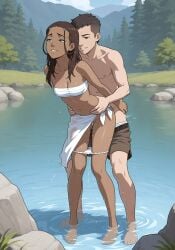 1boy 1girls ai_generated avatar_the_last_airbender blue_eyes brown_hair female katara lake light-skinned_female looking_pleasured male nickelodeon outdoors panties_down petite_body petite_female sarashi sex shorts_down small_breasts standing standing_sex tan_body vaginal_sex water wet