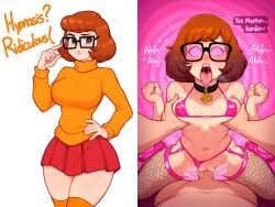 1boy1girl 1boys 1girls 2d ai_assisted ai_generated before_and_after before_sex big_ass big_breasts bimbofication blush bra brown_eyes brown_hair collar corrupted corruption cowgirl_position curvy curvy_figure dick fishnet_legwear fishnets garter_straps glasses hypnosis hypnotic_eyes lingerie partial_male penetration penis pov scooby-doo sex short_hair simple_background skirt stockings submissive sweater text thick_thighs thong thong_aside tricked ultimate_waifu_project velma_dinkley