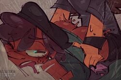 2boys anal anal_sex ashton_trueman ass beanie dark-skinned_male dovernade gay gijinka gilbert_kendrick grabbing_from_behind grabbing_waist humanization humanized jumpcut! long_hair missionary missionary_position motion_lines one_eye_closed onomatopoeia pillow watermark yaoi