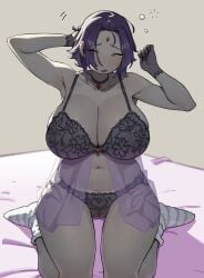 1girls absurdres alternate_breast_size bed black_bra black_choker black_gloves black_panties blue_socks blush bra breasts bubbles busty cameltoe choker cleft_of_venus closed_eyes clothing colored_skin commentary dark_purple_hair dc_comics deltoids eyes_closed female female_only flowerpigeon flowerpigeon73 forehead_gem forehead_jewel front_view gloves grey-skinned_female grey_skin highres lace lace_gloves lace_panties large_breasts leg_warmers lingerie matching_underwear mature mature_female multicolored_socks open_mouth orange_bra panties pigeon_toed_(sitting) purple_hair purple_lingerie purple_theme raven_(dc) red_forehead_gem red_gem red_gemstone scratching_head see-through_clothes see-through_panties seiza short_hair sleepy socks solo spread_legs striped_clothes striped_socks subtle_pussy tears teen_titans thigh_gap underwear untranslatable_commentary waking_up white_socks wide_hips yawning
