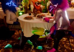 3d_(artwork) animal_genitalia anthro balls blue_body blue_fur bodily_fluids claws cum cum_drip cum_in_mouth cum_inside cum_on_ground digital_media_(artwork) dinner dinner_table dripping duo erection fellatio fingers fluffy fluffy_ears food fur genital_fluids genitals green_body green_fur group hair hi_res kneeling kneeling_oral_position machine male male/male male_penetrating multicolored_body nonbinary_(lore) nude oral party penetration penile penis protogen protogen_visor public public_sex purple_body purple_fur retiu_(retiu) screen screen_face sex smile tail tanza3d tanza_(tanza3d) tapering_penis tentel_(tanza3d) tongue yellow_body yellow_ears yellow_fur