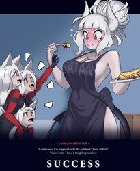 2020 apron_only between_breasts blush breast_hold breast_squeeze cerberus_(helltaker) color dog_ears english_text giantess glorious_success helltaker helltaker_(character) horns iwillsunder lucifer_(helltaker) naked_apron pancake red_eyes smaller_male tiny white_hair