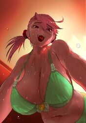 1girls belly big_breasts bikini breasts cleavage female hi_res looking_at_viewer mamorunokoto naughty_face navel open_clothes original pink_hair plump sweat tongue tongue_out