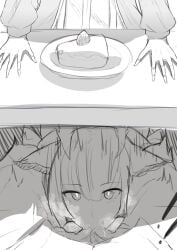1boy 2girls animal_ears arknights blue_poison_(arknights) blush cake cake_slice deepthroat drooling fellatio food hands_on_table highres multiple_girls oral pale_skin ptilopsis_(arknights) satou_rin_(gobugabuge) steam under_the_table
