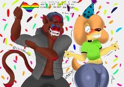 birthday blush bulge chris_(chrisbmonkey) chrisbmonkey femboy gerry_(dongitos) glasses jeans lgbt_pride_colors male male_only mandrill monkey penis_bulge penis_under_clothes smack smacking_ass smile smiling surprise surprised tight_clothes tight_pants