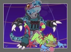 after_anal after_sex all_fours anthro bandai_namco benji_(artist) blush bodily_fluids bulletproof_vest cloacal_penis commandramon cum cum_on_back digimon digimon_(species) digital_camo duo erection gekkomon genital_fluids genitals green_eyes hi_res long_tongue male male/male military orgasm penic penis scalie soldier textless tongue tongue_out warrior yellow_eyes