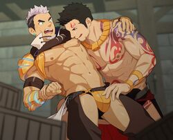 2boys abs bara being_undressed black_hair chaps duo gay green_eyes gyee horn imminent_sex looking_back male male_only mentaiko muscles muscular muscular_male pervert priapus restrained saliva sex short_hair tattoo video_games white_hair wrist_grab yaoi