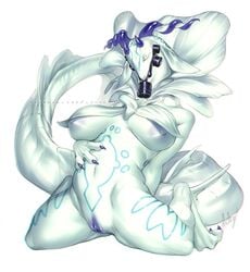 anthro aquatic_dragon big_breasts breasts claws closed_eyes curved_horn dragon female fin gas_mask genitals horn kneeling liche marine mask mature_female nude pussy raweroa_(nivawa_and_saitou) simple_background solo white_background