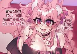 big_breasts blush braided_hair choker cleavage embarrassed english_text fox_ears fox_girl fox_tail hair_ribbon holding_hands_is_lewd huge_breasts kireina_pinky_fox mole_on_breast original osiimi pink_eyes pink_fur pink_hair pinky_fox_(osiimi) sweatdrop virtual_youtuber wholesome