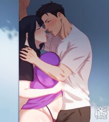 big_ass kentang kissing larger_male making_out massive_breasts pantsless pushed_against_wall saliva saliva_trail slobber sloppy sweat