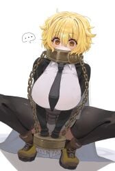 1girls black_thighhighs blonde_hair boots breasts chains collar cuffs cuffs-to-collar don_quixote_(limbus_company) empty_eyes female grey_skirt huge_breasts index_(identity)_(project_moon) index_don_quixote limbus_company messy_hair pleated_skirt project_moon saeda8e short_hair simple_background skirt solo squatting thighhighs underwear white_background yellow_boots yellow_eyes