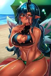 1girls beach belly changeling cleavage cleavage_cutout cookie curvy dark-skinned_female female friendship_is_magic green_eyes green_hair hand_between_legs horn huge_breasts humanized iojknmiojknm long_hair my_little_pony navel ocean pointy_ears queen_chrysalis_(mlp) royalty seaside sweat sweaty tight_top voluptuous wings