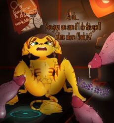 2026 absurd_res alley anus bodily_fluids cornered dripping emperor_nefarious english_text fur genital_fluids genitals green_eyes group hi_res imminent_sex lombax looming male male/male male_only mammal penis phuwafu precum precum_drip ratchet_(ratchet_and_clank) ratchet_and_clank scalie scared sony_corporation sony_interactive_entertainment spiked_penis spikes spikes_(anatomy) striped_body striped_fur stripes tail text thugs-4-less trash_can video_games
