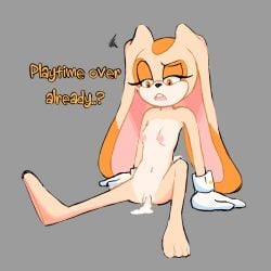 anthro anthro_female breasts breasts_out cream_the_rabbit cum cum_in_pussy cum_inside dissappointed_look gloves long_ears orange_eyes pink_areola pink_nipples rabbit rabbit_ears self_upload small_breasts solo solo_anthro solo_female sonic_(series) sonic_the_hedgehog_(series) text young young_anthro young_female