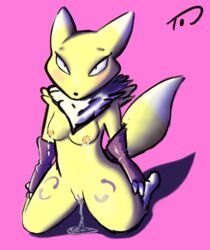 anthro bodily_fluids breast_milking breasts digimon digimon_(species) female fur genital_fluids hi_res lactating lofitoffee pussy_juice renamon slim solo white_body white_fur yellow_body yellow_fur