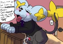 absurd_res animal_genitalia balls baz_bilby bed blissful blush bodily_fluids clothing cum cum_on_bed cum_on_penis door felid feline feline_tongue feral furniture generation_4_pokemon genital_fluids genitals hi_res male mammal nintendo open_door penile_spines penis pokemon pokemon_(species) sheath shinx solo suit tesla_(bazbilby) tongue tongue_out