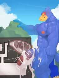 absurd_res after_sex anthro areola avian balls beak big_muscles big_penis biped bird blue_body blue_feathers blush bodily_fluids body_worship cum cum_inside destruction excessive_cum excessive_genital_fluids facility falco_lombardi feathers flooding genital_fluids genitals glans grin half-erect hi_res huge_cock humanoid_genitalia humanoid_penis internal machine macro male milking_machine muscular muscular_anthro muscular_male namutree nintendo nipples non-mammal_balls non-mammal_nipples pecs penetrable_sex_toy penile penis penis_milking sex_toy smile solo star_fox thick_penis