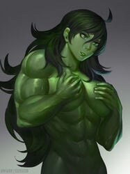 1girls abs ahoge big_breasts breasts covering_breasts dark_hair elee0228 female female_only green_body green_eyes green_hair green_skin hands_on_breasts hulk_(series) lips long_hair marvel marvel_comics muscles muscular muscular_female navel nude nude_female she-hulk simple_background solo solo_female unfairr