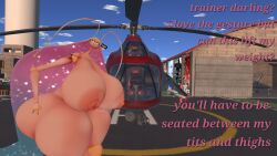 3d antennae_(anatomy) helicopter helipad hoop_earrings huge_ass huge_breasts insects large_areolae looking_at_viewer naked pheromosa pokemon pokemon_(species) talking_to_viewer text thin_arms thin_neck ultra_beast vrchat