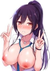 2d bangs black_hair blush breasts breasts_out cai_geng collared_shirt dog_tags double_v dress_shirt female female_only green_neckwear hair_between_eyes high_ponytail idolmaster idolmaster_shiny_colors large_breasts light-skinned_female light_skin long_hair looking_at_viewer necktie nipples nsfw open_clothes open_shirt pale-skinned_female pale_skin pink_nipples ponytail school_uniform shirase_sakuya shirt simple_background smile solo v white_background white_shirt yellow_eyes