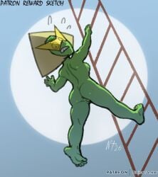 1girl 2026 alien alien_girl anus artist_signature ass barefoot breasts climbing climbing_ladder falling female female_only gem_(species) green_skin ladder looking_back looking_down nervous_sweat noisetanker patreon_username peridot_(steven_universe) pussy soles solo solo_female steven_universe sunglasses sweatdrop vulva yellow_hair
