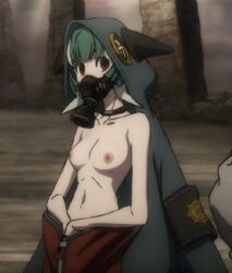 anime_screenshot breasts gachiakuta green_hair guita_hebby_fantasia hood hoodie mask mouth_mask nipples non-web_source nude_filter solo_focus source_request third-party_edit young