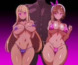 1boy 2girls absurdres areola_slip atelier_(series) atelier_ryza batta_16-sei bikini blank_eyes blonde_hair blue_bikini bra braid brainwashing breasts brown_hair choker commentary_request covered_erect_nipples dark-skinned_male dark_skin earrings gal gradient_background gyaru gyaru_gal gyarufication gyarufied hat hat_ribbon highres huge_breasts hypnosis jewelry klaudia_valentz kuro_gyaru large_ass large_breasts micro_bikini midriff mind_control multiple_girls navel navel_piercing necklace panties piercing pink_background pink_bikini reisalin_stout ribbon stomach swimsuit tally tan thick_thighs wide_hips