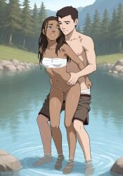 1boy 1girls ai_generated avatar_the_last_airbender blue_eyes brown_hair female katara lake light-skinned_female looking_back looking_pleasured male nickelodeon nude nude_female outdoors petite_body petite_female sarashi sex shorts_down small_breasts standing standing_sex tan_body vagina vaginal_sex water wet