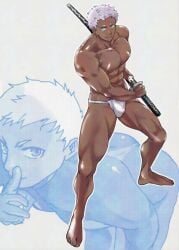 1boy abs arched_back ass ass_cleavage ass_up beefy bending_over biceps big_areola blade breasts bubble_ass bubble_butt bulge bulge_through_clothing collarbone dark_skin dat_ass edited fighting_stance full_body fundoshi fundoshi_only gay green_eyes hi_res holding_weapon hunk katana looking_at_viewer male male_breasts male_only manly mature_male moobs muscles muscular muscular_arms muscular_legs muscular_male muscular_thighs navel no_body_hair original original_character owariya_ranko pecs pointing quadriceps rokushaku_fundoshi seductive_pose short_hair six_pack solo standing tan tanline topless tough_guy weapon white_background white_fundoshi white_hair yaoi