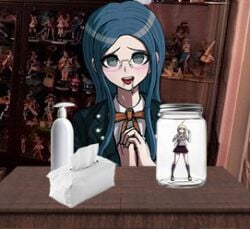 akamatsu_kaede danganronpa danganronpa_v3 edit edited fan fan_edit frightened horny_female jar lotion lotion_bottle low_quality lowres meme nerdy_female shirogane_tsumugi shrunken_female smaller_female tissue_box yuri