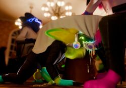 3d_(artwork) animal_genitalia anthro balls blue_body blue_fur bodily_fluids claws cum cum_drip cum_in_mouth cum_inside cum_on_ground digital_media_(artwork) dinner dinner_table dripping duo erection fellatio fingers fluffy fluffy_ears food fur genital_fluids genitals green_body green_fur group hair hi_res kneeling kneeling_oral_position machine male male/male male_penetrating multicolored_body nonbinary_(lore) nude oral party penetration penile penis protogen protogen_visor public public_sex purple_body purple_fur retiu_(retiu) screen screen_face sex smile tail tanza3d tanza_(tanza3d) tapering_penis tentel_(tanza3d) tongue yellow_body yellow_ears yellow_fur