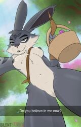 absurd_res anthro arthropod basket blue_body blue_fur blue_nipples boomerang breasts buckteeth butterfly caption_box colored container e._aster_bunnymund easter easter_basket easter_egg egg english_text eyebrows female front_view fur genitals green_eyes hi_res holding_object holding_weapon holidays innie_vulva insects lagomorph lepidopteran leporid looking_at_viewer looking_down low-angle_view mammal navel nipples outside paramount_pictures plant rabbit rise_of_the_guardians rule_63 shaded silentbandit smile smiling_at_viewer smirk smirking_at_viewer solo solo_focus teeth text thick_eyebrows tree vulva weapon