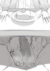 1boy 2girls arknights blue_poison_(arknights) blush cake cake_slice food hands_on_table highres large_penis multiple_girls penis penis_on_face ptilopsis_(arknights) satou_rin_(gobugabuge) under_the_table veins veiny_penis