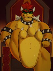 3:4 3_toes anthro arm_hair bodily_fluids body_hair bowser bracelet chair chest_hair claws collar dirty dirty_feet eyebrows facial_hair fangs feet foot_fetish foot_focus forearm_hair forearms furniture green_body green_scales hair hi_res horn jewelry koopa leg_hair looking_at_viewer male mario_bros mohawk muscular muscular_male nintendo raised_leg ray_the_wolf red_hair scales scalie shell sitting smile smiling_at_viewer solo spiked_bracelet spiked_collar spikes star_(shape) story story_at_source story_in_description sweat sweatdrop sweaty_feet teeth thick_eyebrows throne toes vein watermark yellow_body yellow_scales
