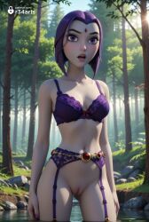 1girls ai_generated artist_name ass_visible_through_thighs bare_shoulders belt bottomless bow bra breasts cleavage cleft_of_venus collarbone colored_skin cowboy_shot dappled_sunlight day dc dc_comics female forehead_jewel forest garter_belt gem gem_on_forehead grey_skin hi_res lips looking_at_viewer makeup medium_breasts nail_polish nature navel open_mouth outdoors purple_bra purple_eyes purple_hair purple_lips purple_nails pussy r34arts rachel_roth raven_(dc) river short_hair solo standing sunlight superhero superheroine teen_titans thighhighs tree uncensored underwear wading water