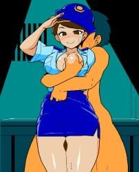 1boy 1girls 2d animated areolae big_breasts blush breasts brown_eyes brown_hair cleavage clothed cum cum_dripping cum_dripping_from_penis cum_on_thighs ejaculation ejaculation_between_thighs erect_penis erection from_behind fukei_(jermaneels) hand_on_breast jermaneels large_breasts nipples nude nude_male open_clothes open_mouth open_shirt penis pixel_animation pixel_art police police_hat police_uniform policewoman salute skirt smile strip_rock-paper-scissors_-_police_edition thick_thighs thigh_sex thighs tongue tongue_out